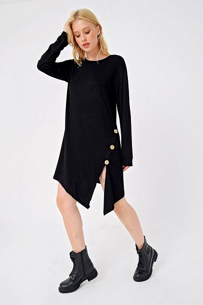 Trend Alaçatı Stili Women's Black Asymmetric Cut Button Detailed Viscon Dress ALC-X4860