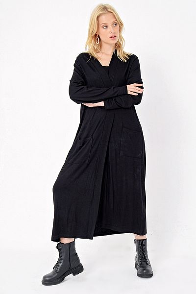 Trend Alaçatı Stili Cardigan Viscon pentru femei, negru, cu buzunar dublu, dimensiune maximă ALC-X4865
