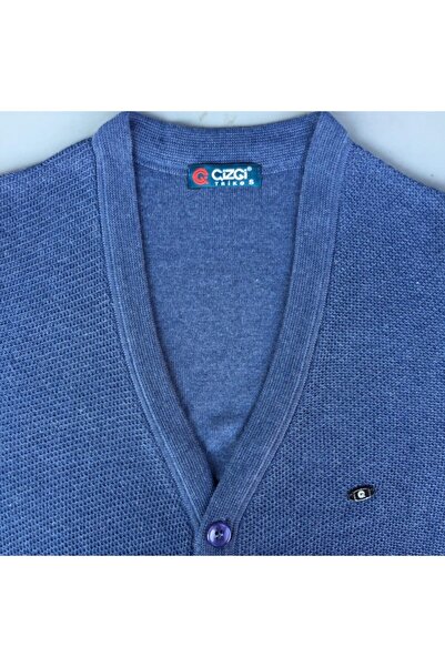 Çizgi Triko Erkek Düğmeli Hırka Mavi