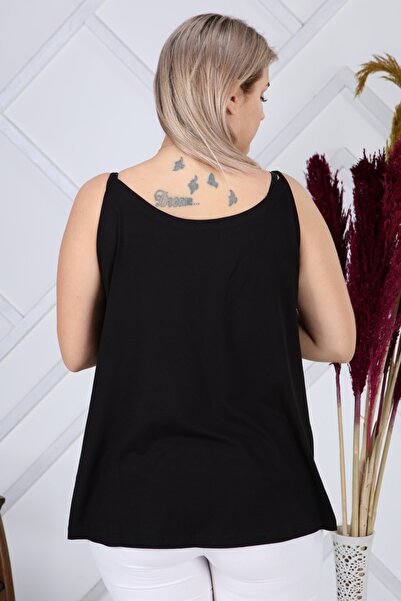 LİKRA Women's Black Plus Size Collar Guipure Detail Viscose Strap Blouse