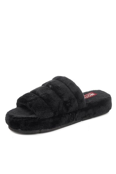 İmerShoes Papuci de casă negri din pluș pentru femei. Papuci de iarnă cu față deschisă
