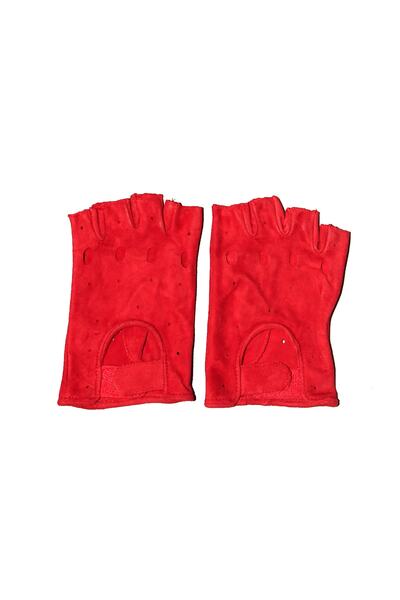 Deri Eldivenci Parmaksız Kadın Deri Eldiven Delikli (kırmızı Süet)
