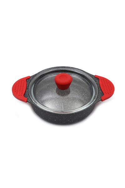 Eda 3-Piece Granite Casting Pan Set with Glass Lid and Gray Silicone Handle