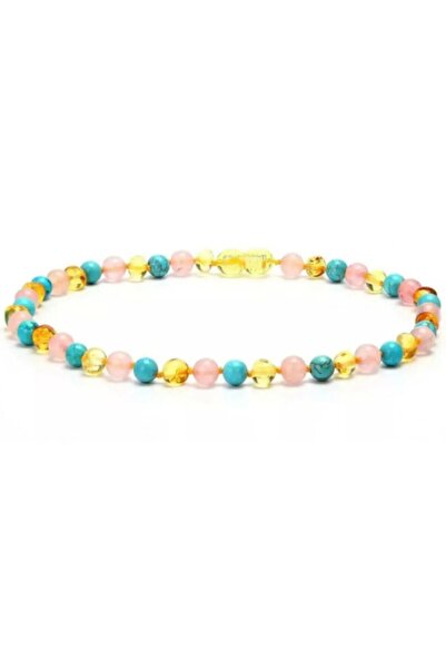 NİSSBEBE Sertifikalı Orijinal Turkuaz, Kuvars, Kehribar Çocuk Kolye 37 Cm