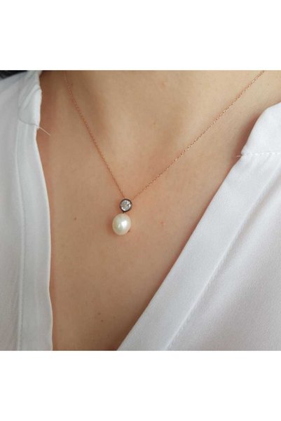 CNG JEWELS Tektaş Elmas Model Doğal Damla Incili Gümüş Bayan Kolye