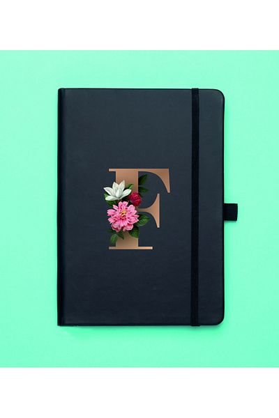 mooodcase Floral Pattern Gold Letter F Black Notepad