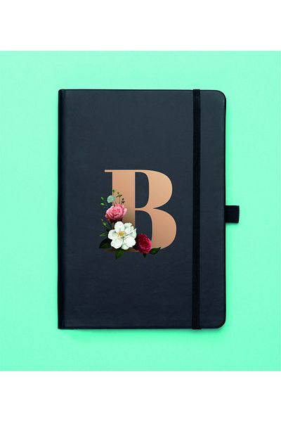 mooodcase Floral Pattern Gold Letter B Black Notepad