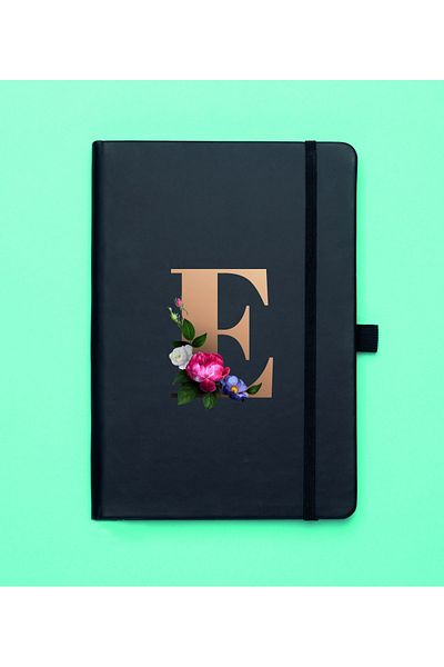 mooodcase Floral Pattern Gold Letter E Black Notepad