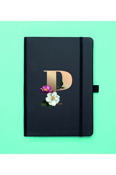 mooodcase Gold P Letter Black Notepad with Floral Pattern
