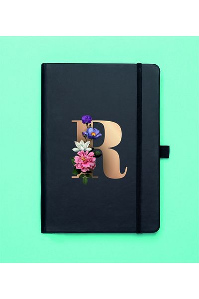 mooodcase Floral Pattern Gold R Letter Black Notepad
