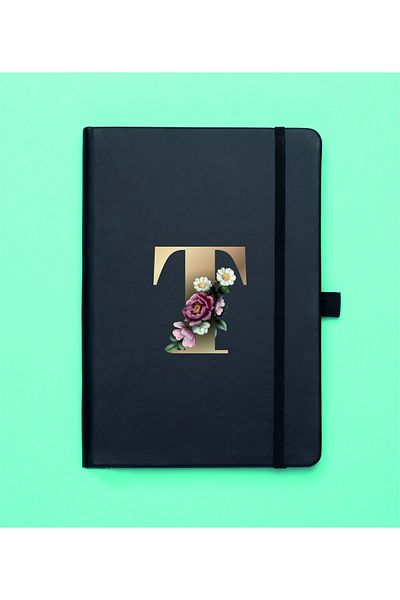 mooodcase Floral Pattern Gold T Letter Black Notepad