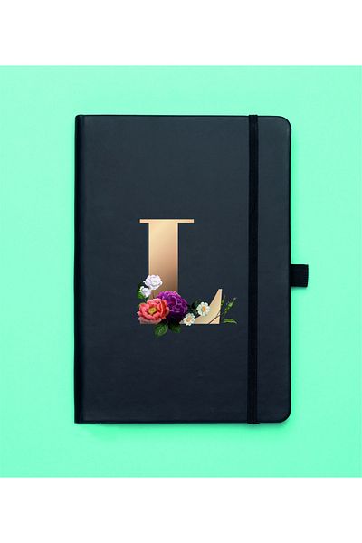 mooodcase Floral Pattern Gold Letter L Black Notebook