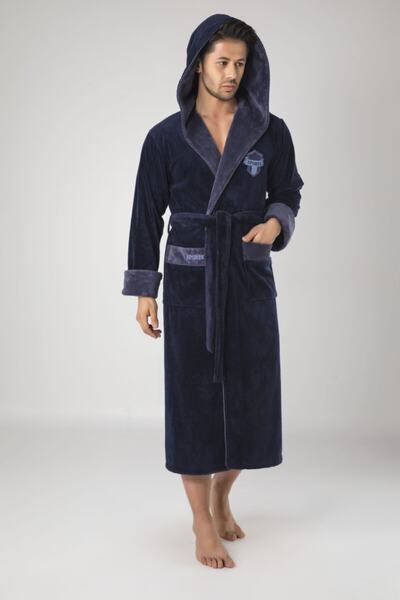 Nuşa Чоловічий синій халат з вишивкою та капюшоном
