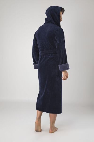 Nuşa Чоловічий синій халат з вишивкою та капюшоном