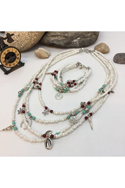 Porsuk Alternatif Kadın Beyaz El Yapımı Etnik Otantik Bohem Kolye Bileklik Set