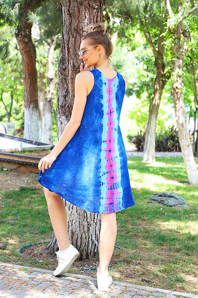 YILSOY TEKSTİL Γυναικείο φόρεμα παραλίας Saks Blue - Κοντό καμπάνα και σχέδιο μπατίκ