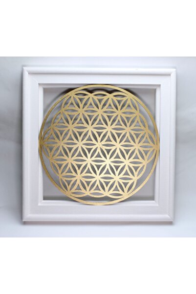 vivus in Yaşam Çiçeği Sembolü Altın | Ahşap Beyaz Çerçeveli | 31*31 Cm
