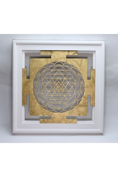 vivus in Sri Yantra Sembolü Altın | Ahşap Beyaz Çerçeveli | 31*31 Cm
