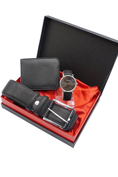 HediyeSet Erkek Siyah Kol Saati Cüzdan Kemer Aksesuar Seti