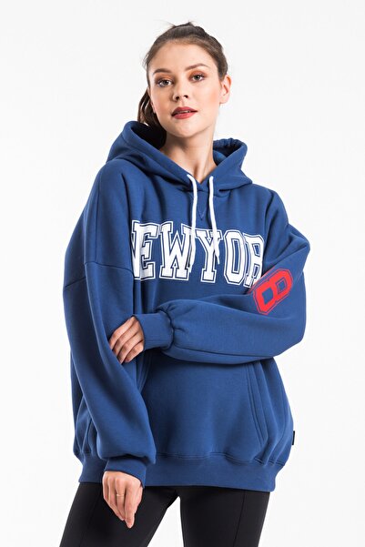 CAYA Γυναικείο φούτερ με στάμπα Indigo Blue και λεπτομέρειες, Oversize, ΜΠΛΕ ...