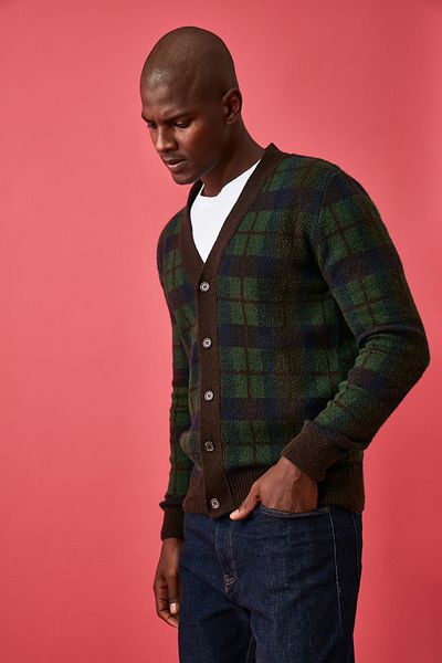 Trendyol Collection Grüne Strickjacke mit normalen V-Ausschnitt und Karomuster TMNAW21HI0063