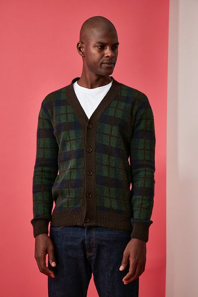 Trendyol Collection Grüne Strickjacke mit normalen V-Ausschnitt und Karomuster TMNAW21HI0063