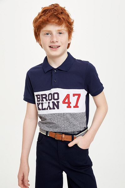 DeFacto Navy Blue Boy's Brooklyn Printed Color Block Polo Neck T-Shirt