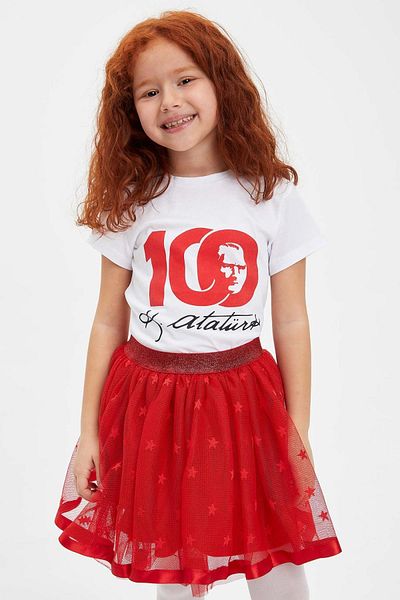 DeFacto Tricou cu mânecă scurtă cu imprimeu Ataturk 23 aprilie pentru fete