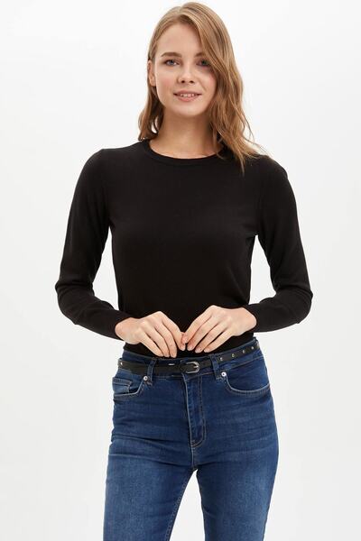 DeFacto Pulover de tricotat din cașmir cu textura extra moale pentru femei, negru, cu gâtul rotund, cu potrivire relaxată F7091AZ18AU