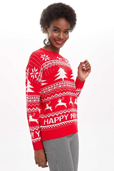 DeFacto Pulover de damă tricotaj cu model roșu - L5742AZ19WN