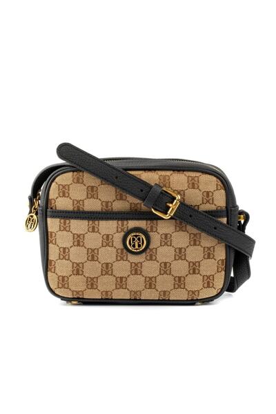 PİRCİ Mona 4p Monogram Deri / Kumaş Kadın Çapraz Çanta Siyah / Taba