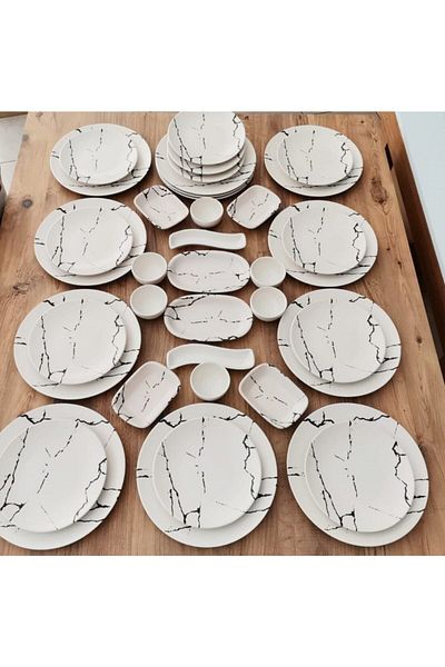 Keramika Set Breakfast for 12 People 38 Pieces Matte Cream Marble Pattern