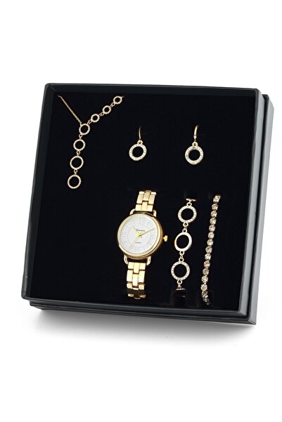 Forentina Altın Kaplama Yuvarlak Kolye Küpe Bileklik Saat Hediye Set - Ps1417...