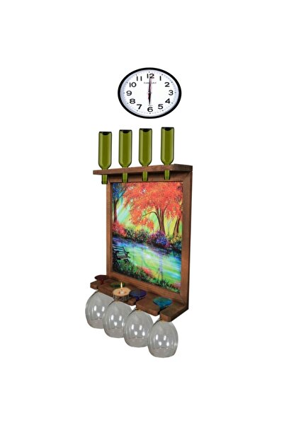 Bahat Nostaljik Ahşap Kayın Ağacı Tablolu Mumluklu Saatli  44*49 cm Bardaklık