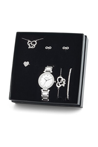 Forentina Kadın Gümüş Kaplama Çift Kalp Kolye Küpe Bileklik Saat Hediye Set -...