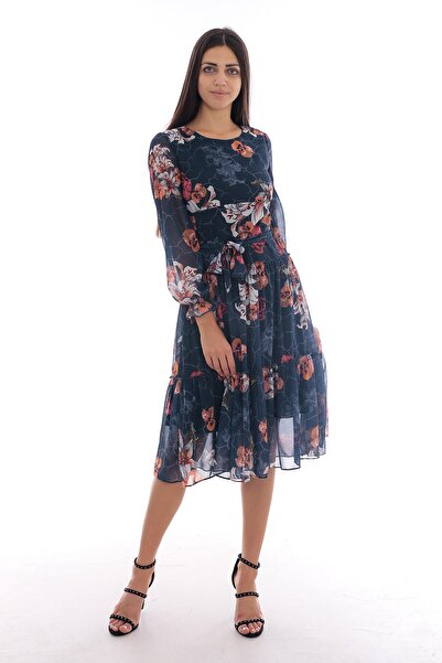 Moda Tuğram Kadın Lacivert Desenli Midi Elbise