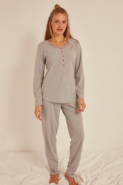 C&City Women's Gray Melange Long Sleeve Pajama Suit 0042231375