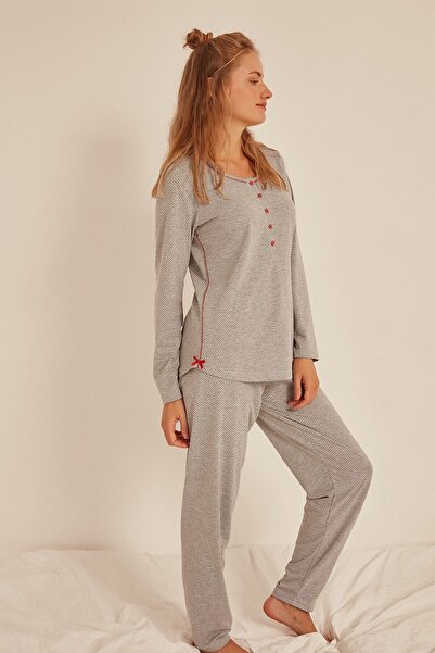 C&City Women's Gray Melange Long Sleeve Pajama Suit 0042231375