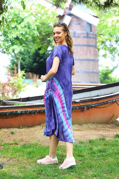 YILSOY TEKSTİL Γυναικείο μωβ μισό μανίκι V με σχέδιο Tie Dye φόρεμα 4137