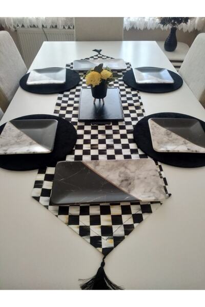 Ayşemce Amerikan Servis Takım (damalı Makkenzi Desen Baskılı Runner) 4 Siyah ...