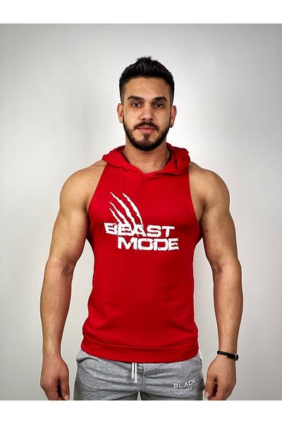 BLACK Men's Red Beast Mode Hooded Fitness Undershirt
