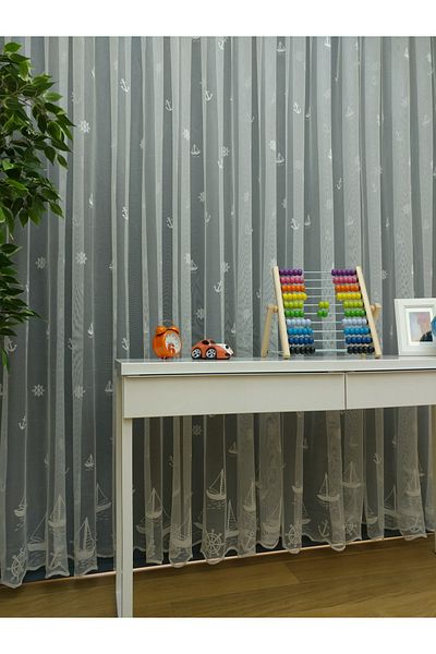 Esse Home Sailboat Anchor Patterned Children's Room Tulle Curtain, 150x250, Normal Pleat, 1/2.5