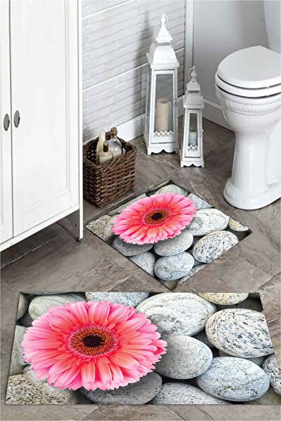 MEKTA HOME 3 Boyutlu Pembe Çiçek ve Taş Banyo Paspas Takımı