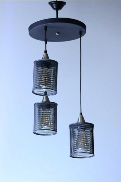 Uçar Black Pendant Lamp Cage 3-Piece Rustic Chandelier