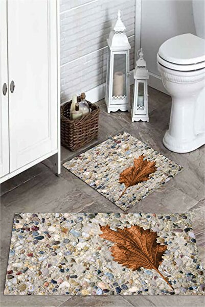 MEKTA HOME 3 Boyutlu Çınar Yaprak ve Taş Desenli Banyo Paspas Takımı
