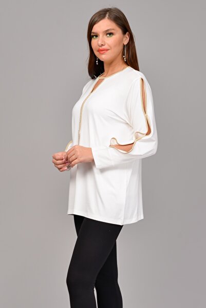 TUSSE Women's Ecru Glitter Long Sleeve Viscose Plus Size Blouse