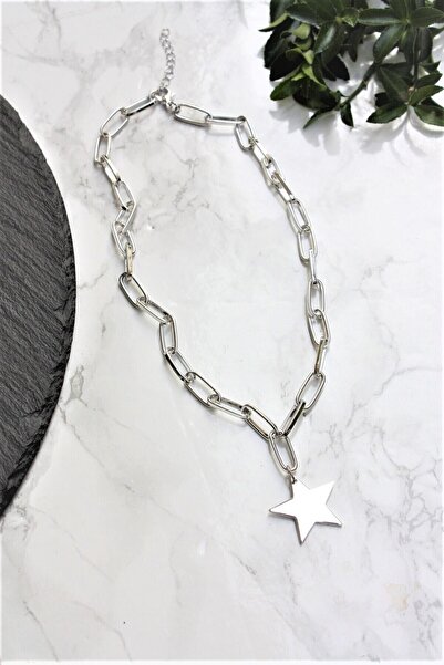 X-Lady Accessories Kalın Ataç Zincir Tek Yıldız Kolye Gümüş Renk