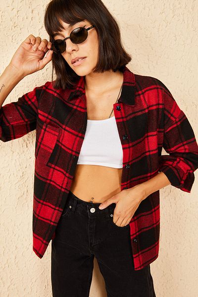 Bianco Lucci Дамска риза Lumberjack с щамповани червени джобове