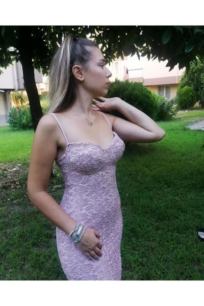 atölye nini Kadın Pembe Güpür Kalem Elbise