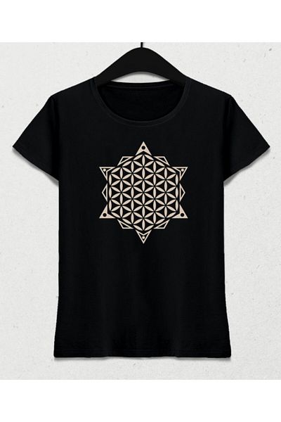Basmatik Women's Yoga T-shirt - Flower Of Life, Sacred Geometry Print, Black